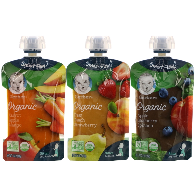 Gerber, Organic Value Pack,  Pear Peach Strawberry, Carrot Apple Mango, Apple Blueberry Spinach, 9 Pouches, 3.5 oz (99 g) Each