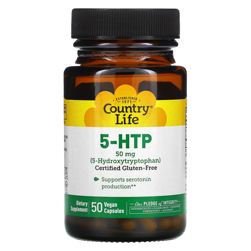 Country Life, 5-HTP (5-гидрокситриптофан), 50 мг, 50 веганских капсул