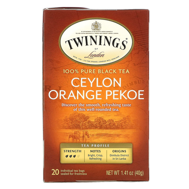 Twinings, Цейлонский апельсиновый чай Pekoe, 20 чайных пакетиков, 40 г (1,41 унции)