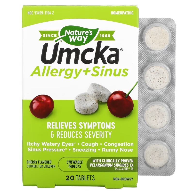 Nature's Way, Umcka, Allergy + Sinus, Cherry, 20 Tablets