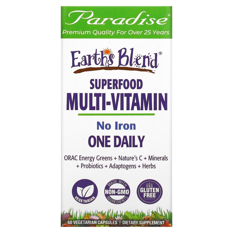 Paradise Herbs, Earth's Blend, One Daily Superfood Multi-Vitamin, No Iron, 60 Vegetarian Capsules