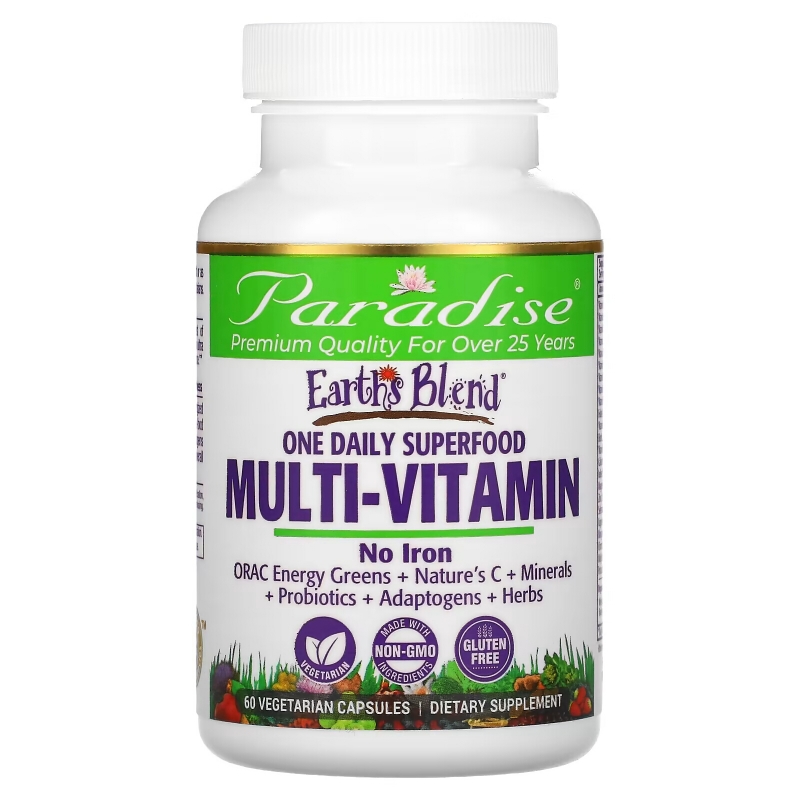 Paradise Herbs, Earth's Blend, One Daily Superfood Multi-Vitamin, No Iron, 60 Vegetarian Capsules