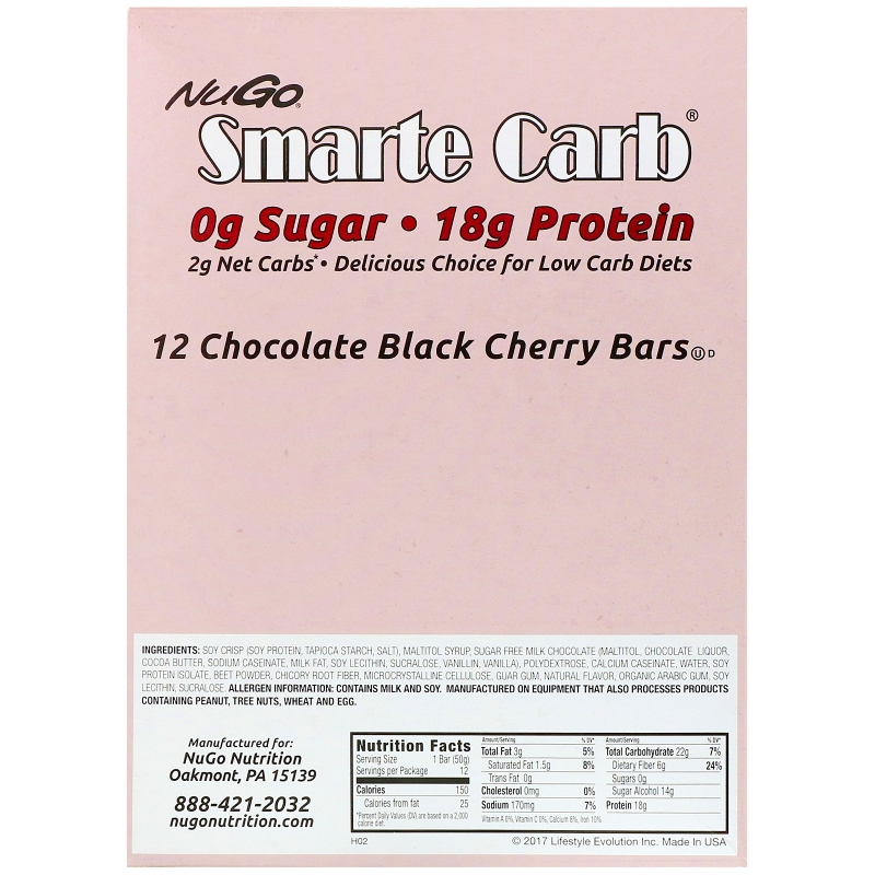 NuGo Nutrition, Smarte Carb, Chocolate Black Cherry, 12 Bars, 1.76 oz (50 g) Each