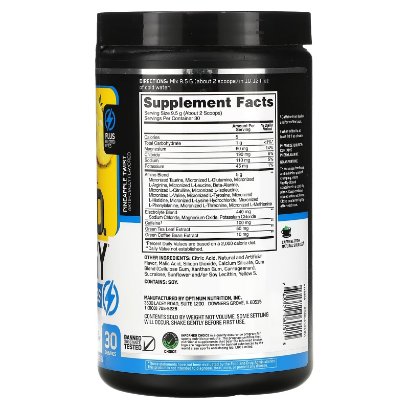 Optimum Nutrition, ESSENTIAL AMIN.O. ENERGY + ELECTROLYTES, Pineapple Twist, 10.05 oz (285 g)