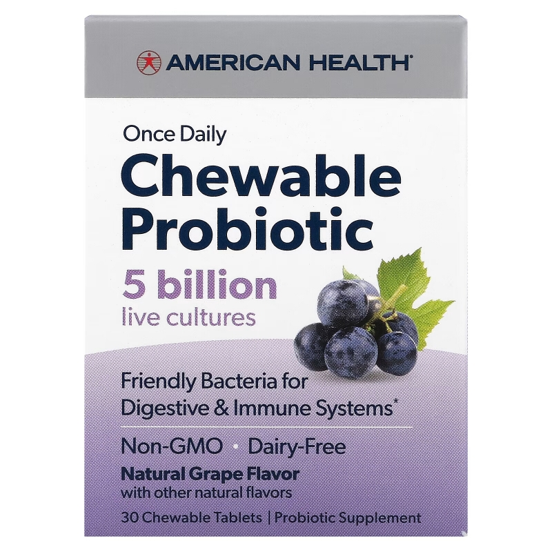 American Health, Once Daily Chewable Probiotic, Natural Grape , 5 Billion CFU, 30 Chewable Tablets