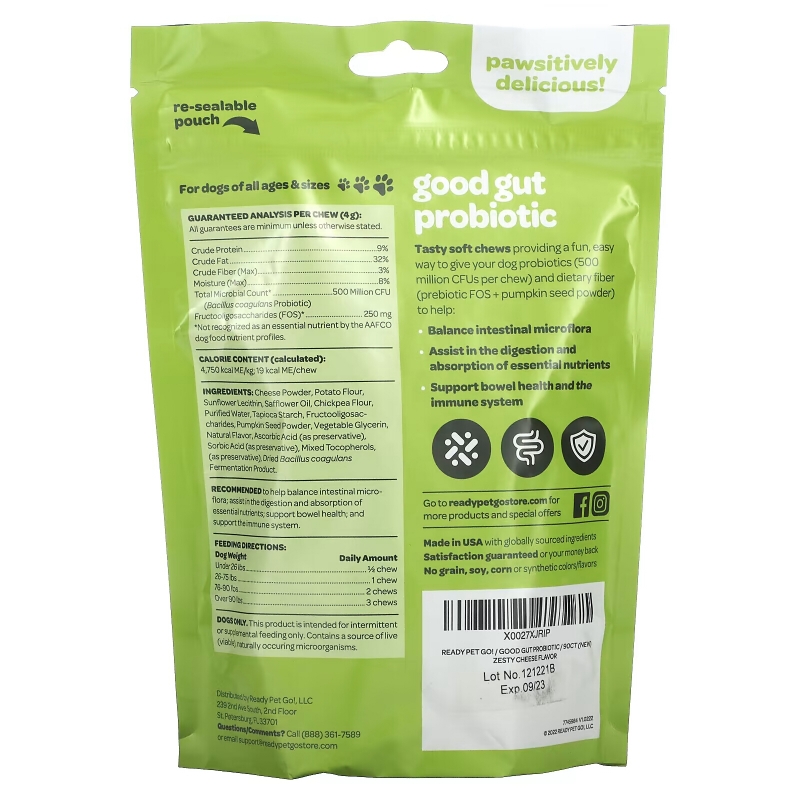 Ready Pet Go, Good Gut Probiotic, For Dogs, All Ages, Zesty Cheese, 90 Soft Chews, 12.7 oz (360 g)