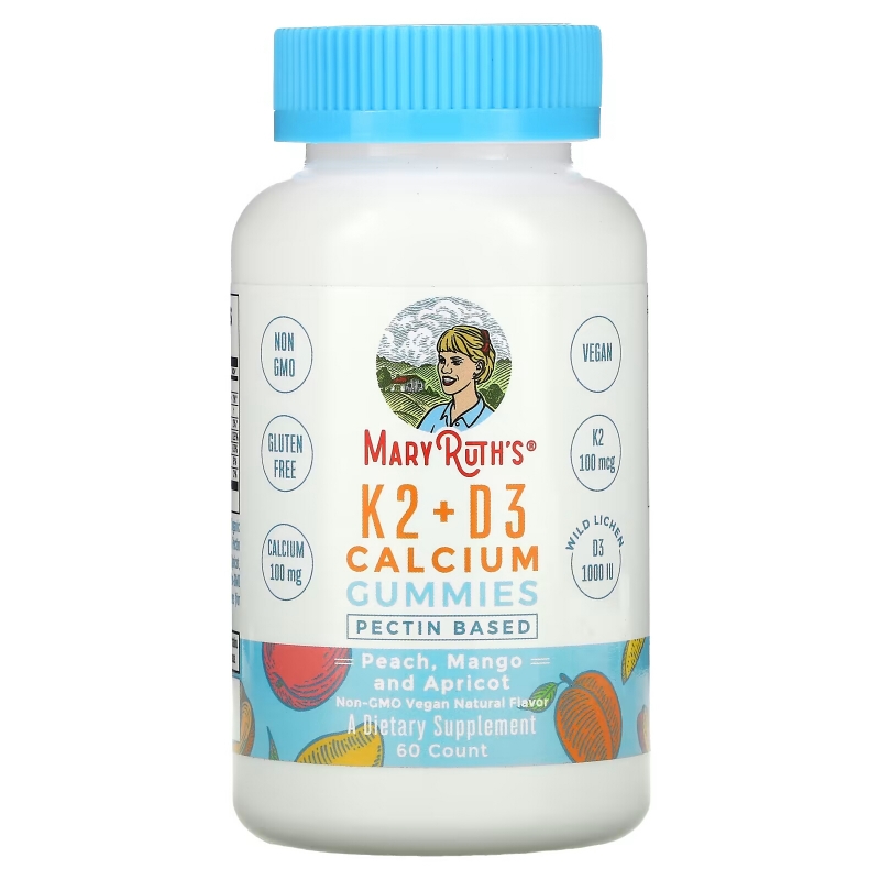 MaryRuth Organics, K2 + D3 Calcium Gummies, Peach, Mango and Apricot, 60 Gummies