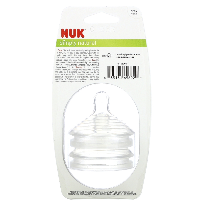 NUK, Simply Natural, Slow Flow Bottle Nipples,  0 + Months, 2 Nipples