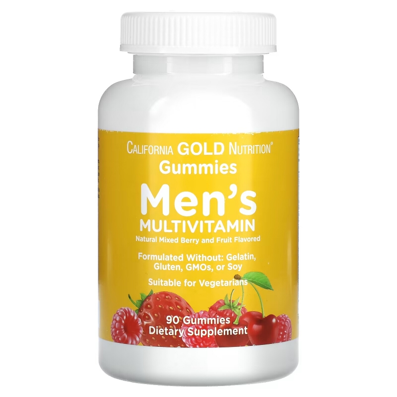 California Gold Nutrition, Мультивитамины для мужчин в форме жевательных таблеток, без желатина, без глютена, со вкусом органических ягод и фруктов, 90 жевательных таблеток