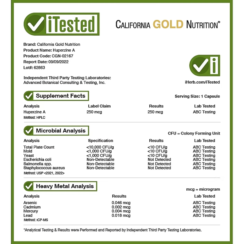 California Gold Nutrition, Huperzine A, 250 mcg, 30 Veggie Capsules